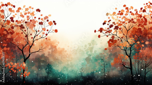 Autumn watercolor illustration of colorful landscape, forest with orange, red, yellow trees. Fall season holiday concept for postcard. Artistic nature setting, elegant design.  © All Creative Lines