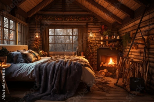 A bedroom with a bed and a fireplace in it created with Generative AI technology