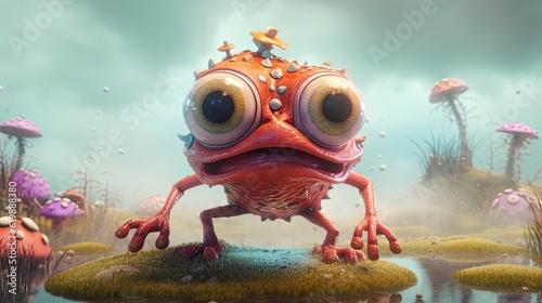 Surreal illustration of a red bumpy frog with large blue eyes