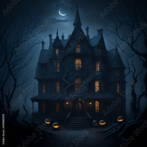 A spooky haunted house veiled in mist. Gnarled trees stand guard around the spectral dwelling, while flickering jack-o'-lanterns cast an eerie glow. For Halloween-themed projects, and ghostly tales.