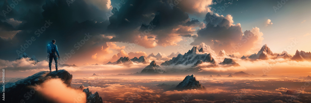 Magical Fantasy Adventre Composite of Man Hiking on top of a Mountain Peak. Colorful Sunset Sky Art Render.