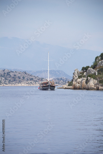 Beautiful view of the sea bay and pleasure yachts on a sunny summer day, in Turkey