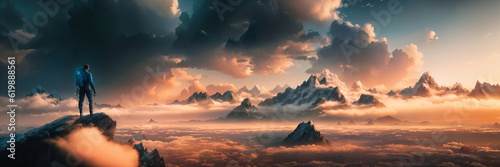 Magical Fantasy Adventre Composite of Man Hiking on top of a Mountain Peak. Colorful Sunset Sky Art Render.