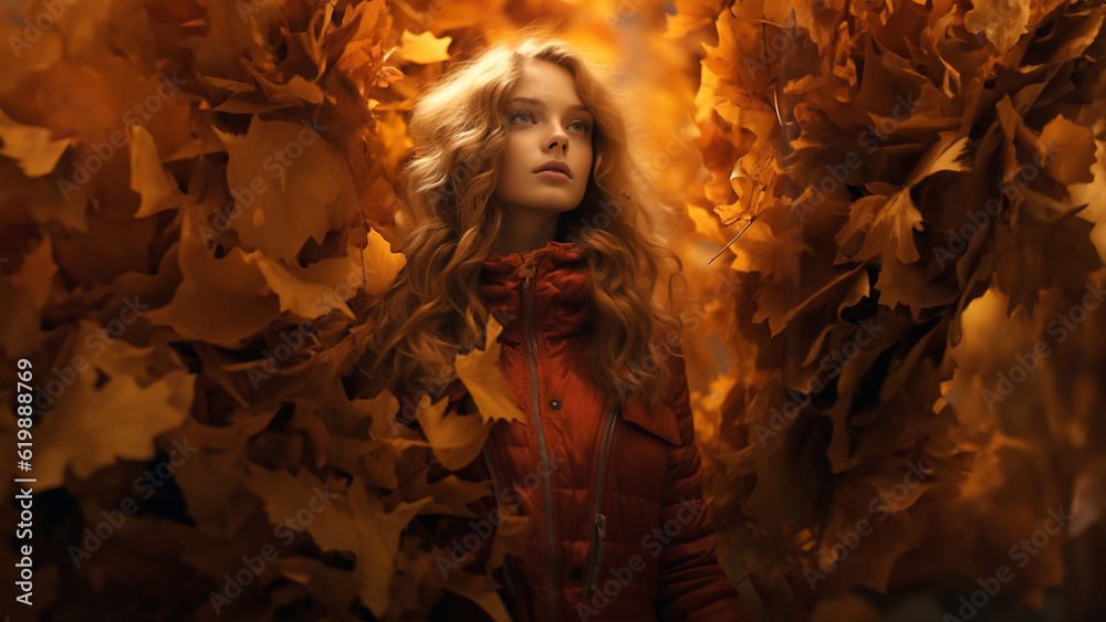 Hübsche Model Frau ist von fliegenden Herbstblätter umgeben in der Abendsonne, ai generativ
