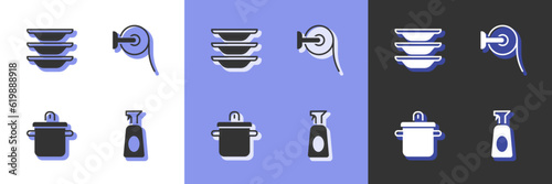 Set Cleaning spray with detergent, Washing dishes, Cooking pot and Toilet paper roll icon. Vector