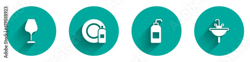 Set Wine glass, Dishwashing bottle and plate, Antibacterial soap and Washbasin icon with long shadow. Vector