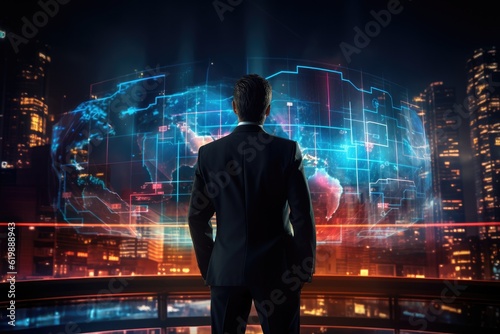 Big data information structure on screen. Businessman research and analysis financial report. Generative AI
