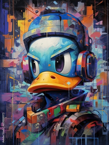 Graffiti art of blue cartoon duck on wall, ai © Case