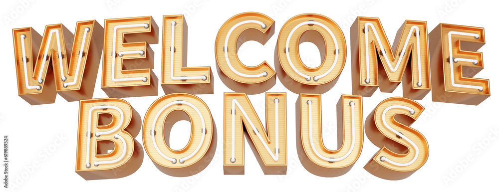 Golden 3d text with glowing neon tube. typography. 3D illustration. WELCOME BONUS.