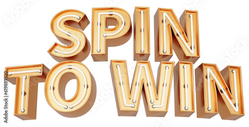 Golden 3d text with glowing neon tube. typography. 3D illustration. SPIN TO WIN.