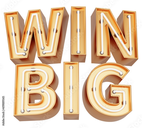Golden 3d text with glowing neon tube. typography. 3D illustration. WIN BIG.