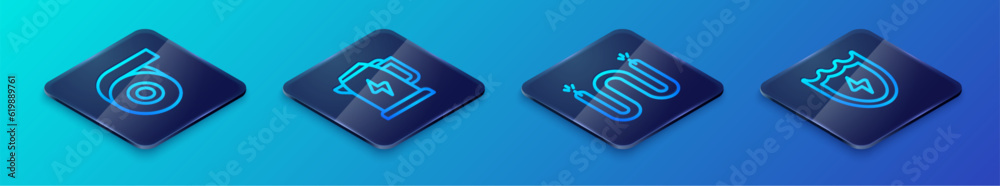Set Isometric line Electric cable, Roll adhesive tape, Lightning and shield and kettle icon. Vector Set Isometric line Electric cable, Roll adhesive tape, Lightning and shield and kettle icon. Vector