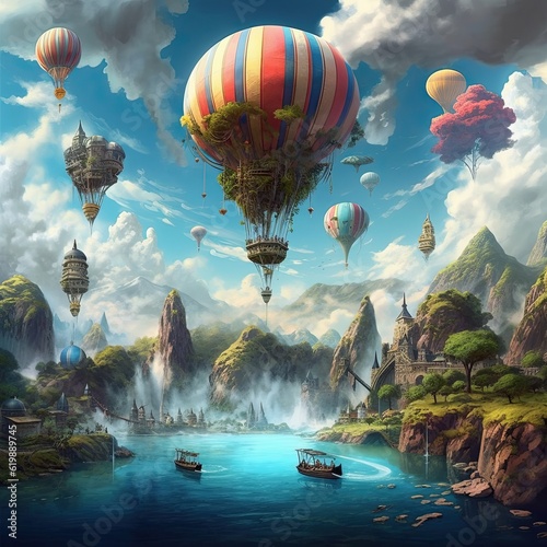 Fantasy world floating island with castle village and hot air balloons photo