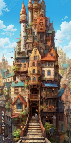 Whimsical cartoon mansion illustration, colorful villiage castle photo