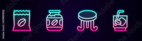 Set line Bag of coffee beans, Coffee jar bottle, table and Espresso tonic. Glowing neon icon. Vector