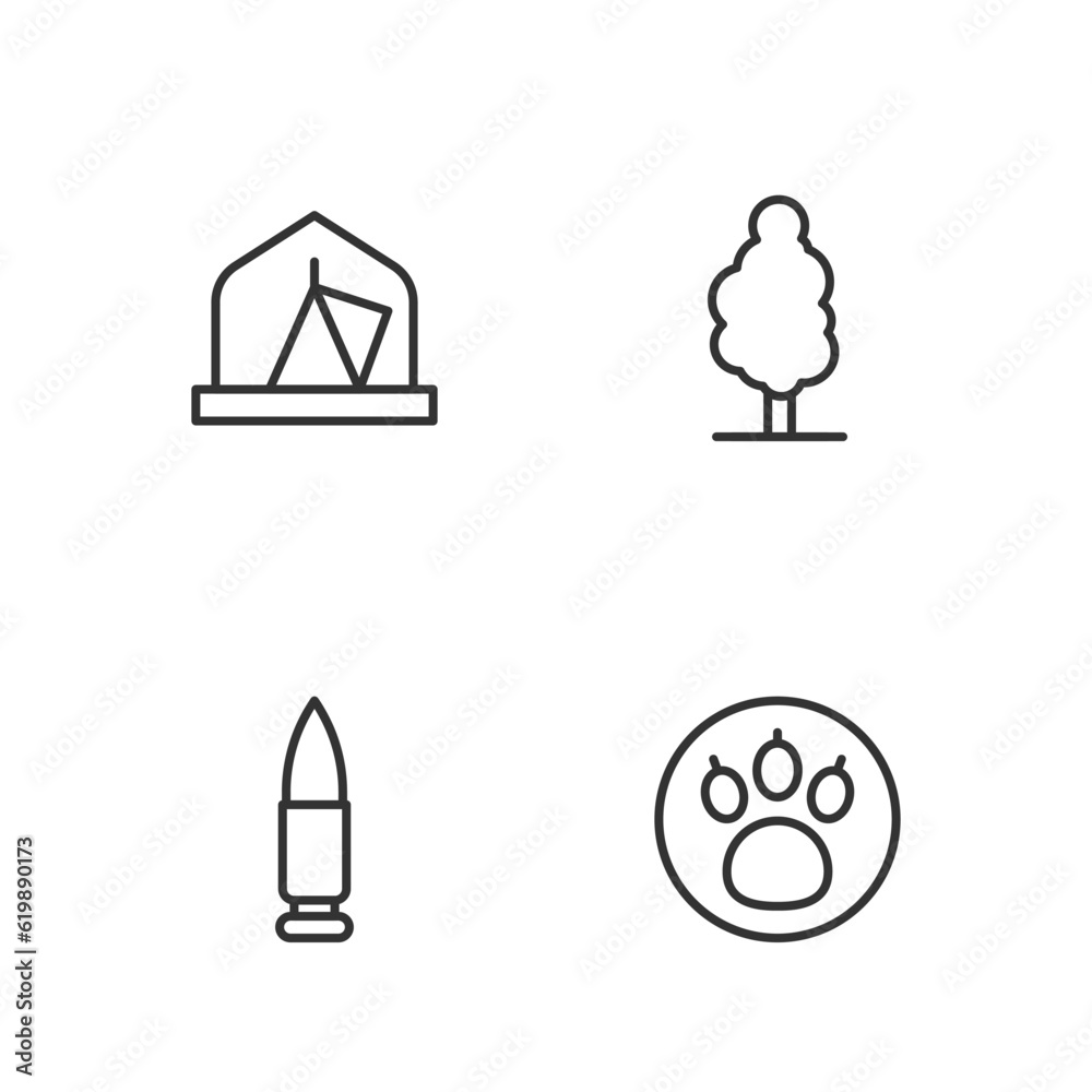 Set line Paw search, Bullet, Tourist tent and Tree icon. Vector Set line Paw search, Bullet, Tourist tent and Tree icon. Vector