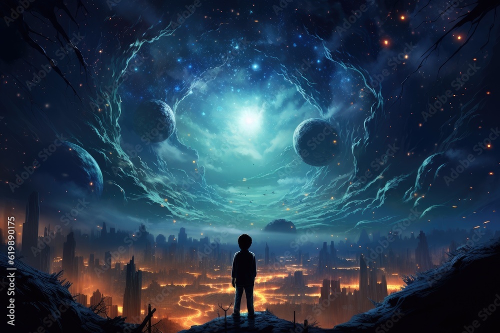 A boy stands in a room with a starry sky in the style of transcendental dreaming. Generative AI