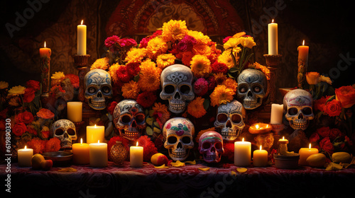 Decorated Dia de los Muertos altar with marigold flowers and Vibrant sugar skull makeup on. Day of Dead traditional decoration. Generative Ai.