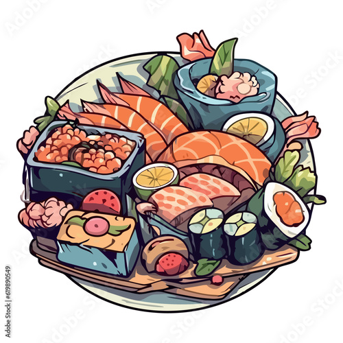 Fresh seafood plate with prawn and seaweed