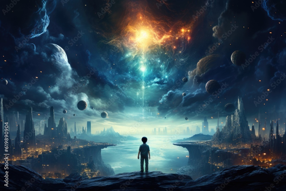 A boy stands in a room with a starry sky in the style of transcendental dreaming. Generative AI A boy stands in a room with a starry sky in the style of transcendental dreaming. Generative AI