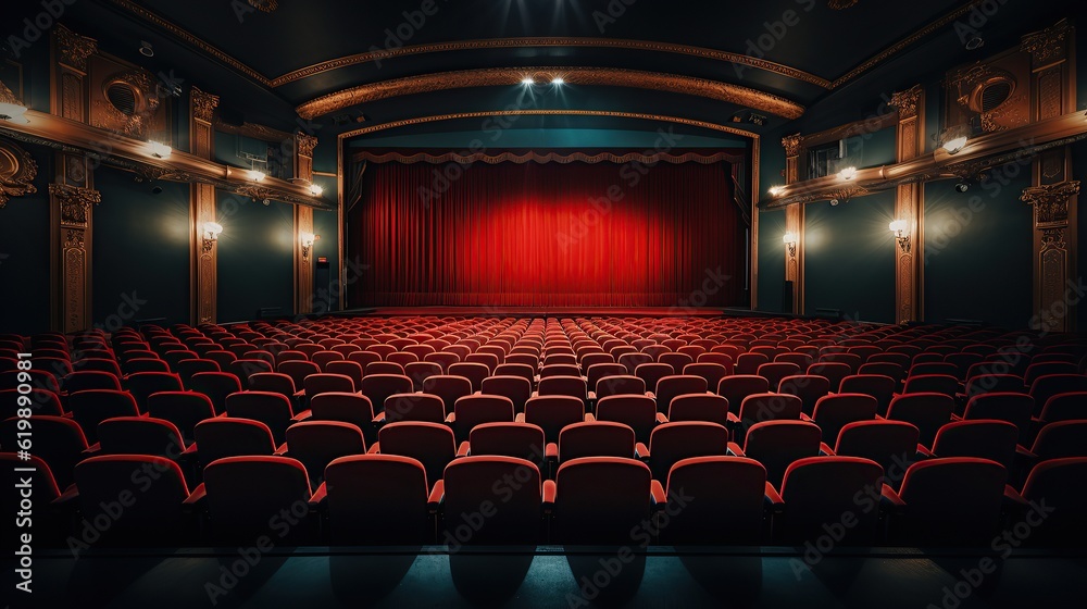 Dark theater stage with red curtains Generative AI - obrazy, fototapety, plakaty 