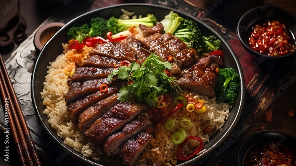 Fried rice with duck and vegetables on dark stone table. Generative AI Fried rice with duck and vegetables on dark stone table. Generative AI