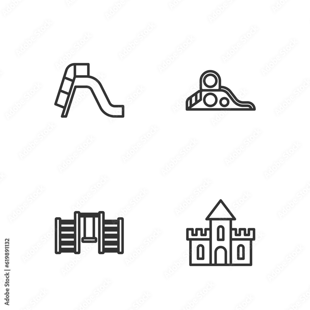 Set line Sand castle, Swedish wall, Slide playground and icon. Vector