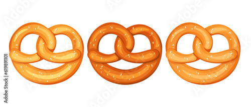 A set of pretzels.Pretzel with salt, sesame seeds.A traditional German snack.Vector illustration for Oktoberfest, beer Day.