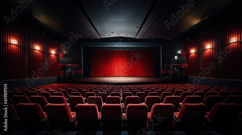 Dark theater stage with red curtains Generative AI