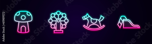 Set line Mushroom house, Ferris wheel, Horse in saddle swing and Slide playground. Glowing neon icon. Vector