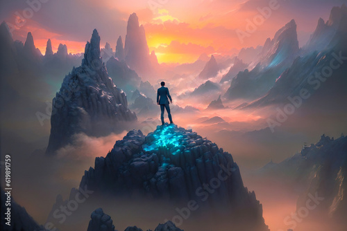 Copy space of man on top of mountain and sunset sky abstract background. Freedom and travel adventure concept. 