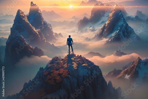Copy space of man on top of mountain and sunset sky abstract background. Freedom and travel adventure concept. 