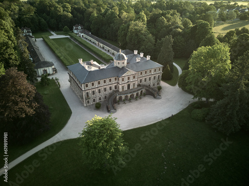 Aerial view of Rastatt Favorite Palace (Schloss Favorite) and idyllic palace garden in Foerch, Rastatt, Germany