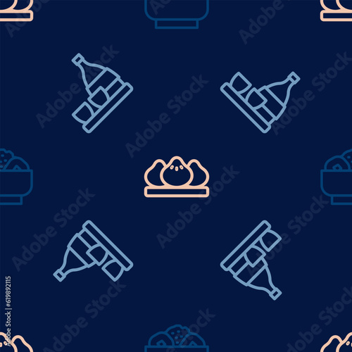 Set line Chow mein on plate, Bottle of sake and Dumpling on seamless pattern. Vector