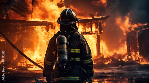 Firefighter works in burning building fireman on flame back view background Generative AI