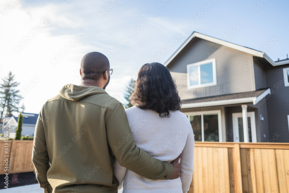 The couple stands and looks at their new home. View from the back. Photorealistic illustration of Generative AI. The couple stands and looks at their new home. View from the back. Photorealistic illustration of Generative AI.