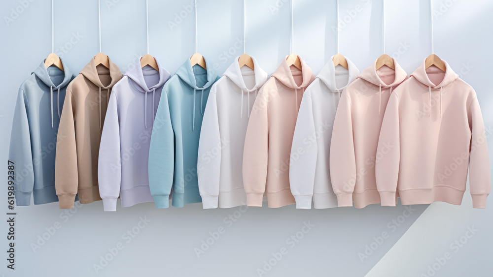 Sweatshirts in different pastel colors on a rail hanger. Photorealistic illustration of Generative AI. Sweatshirts in different pastel colors on a rail hanger. Photorealistic illustration of Generative AI.