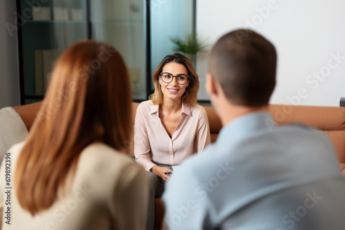 A married couple at a psychologist's appointment. Photorealistic illustration of Generative AI.