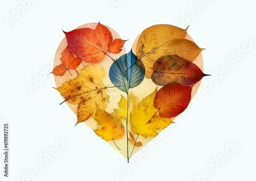 Autumn still life with many colorful leaves arranged in a heart shape. A very pleasant background or wallpaper in soothing autumn colors. Autumn love concept. AI generated.