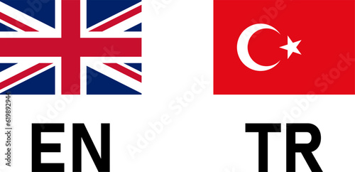Flag Icon Pair including UK United Kingdom and Turkey Flags for English and Turkish Language Selection Symbol Button. Vector Image.