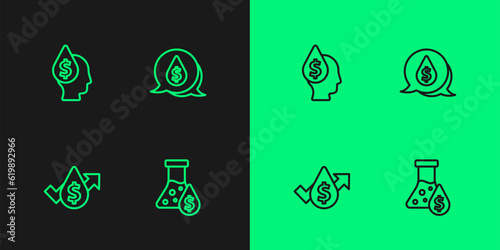 Set line Oil petrol test tube, price increase, drop with dollar symbol and icon. Vector