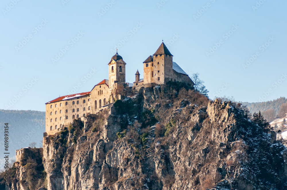 Beautiful view of the medieval castle on the rock in the mountains