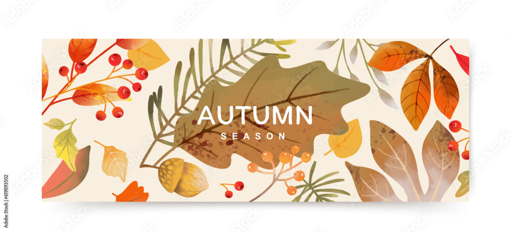 Fototapeta premium Fall season banner with watercolor leaves, branches and berries. Creative autumn background. Vector illustration