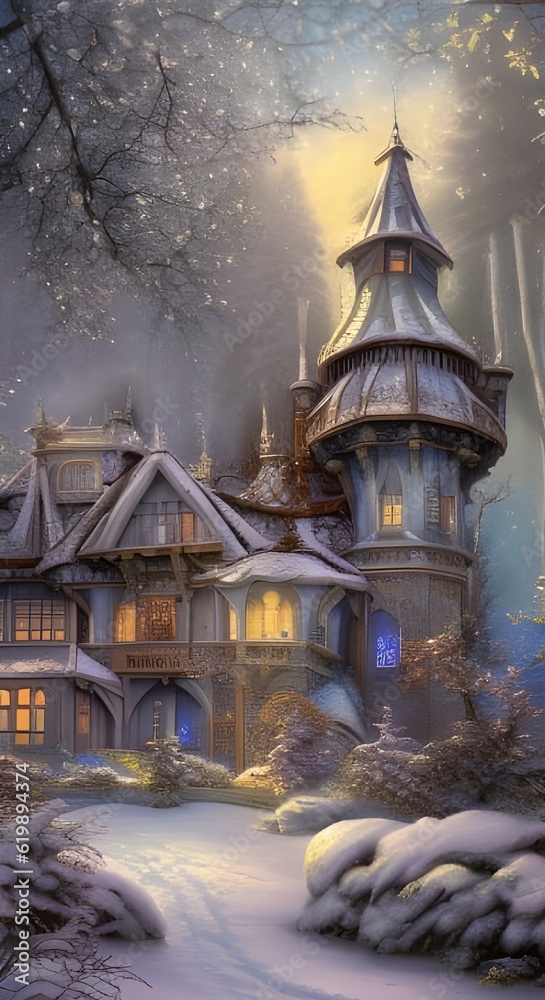 Beautiful castle in the deep forest. Illustration AI generated