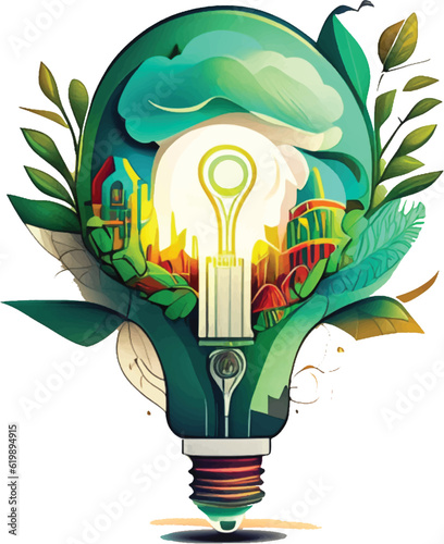 Energy Ecology lightbulb with cityscape inside. Vector illustration.