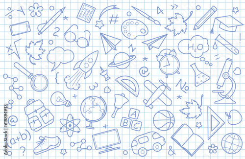 School background with various icons of education, science and stationery. Symbols and signs on sheet of exercise book. Seamless pattern. Textile, wrapping paper and website design. Isolated