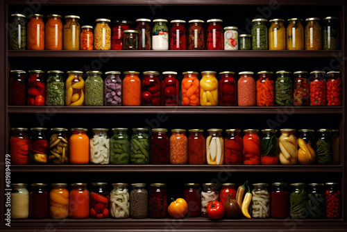 Shelf with preserved jars. Generative AI