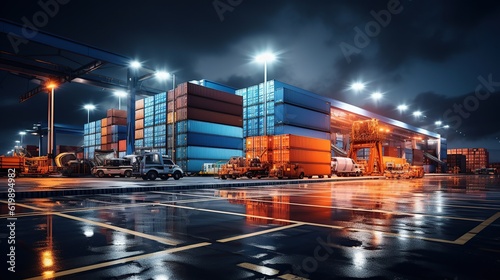 Fotografering Industrial container yard for logistic import export business at night orange la