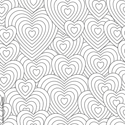 Black and white seamless pattern for coloring book in doodle style. Hearts. Valentine's Day.