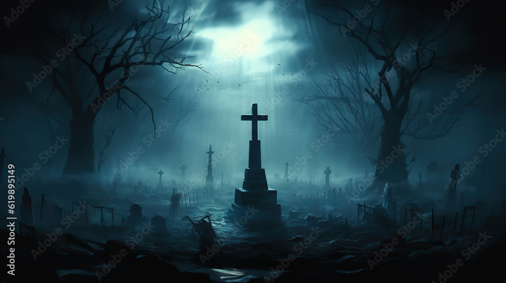 Twilight Shadows Abandoned Spooky Cemetery with Old Celtic Cross Gravestone. created with Generative AI Twilight Shadows Abandoned Spooky Cemetery with Old Celtic Cross Gravestone. created with Generative AI